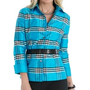 Nina Mclemore•100% Silk Dupioni Gingham Blue Plaid Cara Shirt. Sz 12